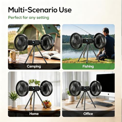 Ventilador de camping de doble cabezal con trípode y batería recargable 3600mAh 7