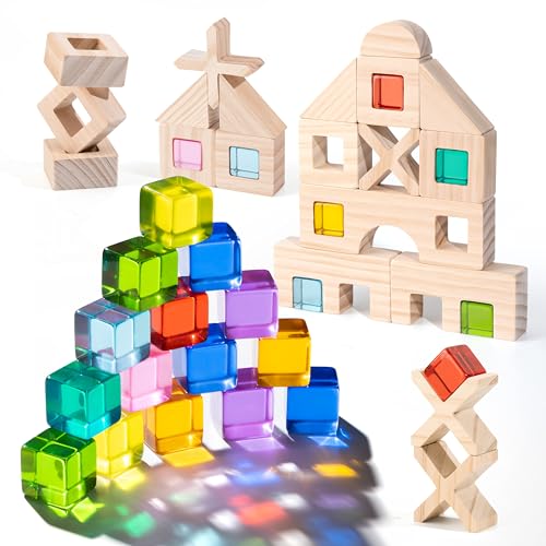 Image of Woodtoe 47 PCS Rainbow Blocks Set, Wooden Building Blocks for Kids Ages 3-6 | Montessori Stacking Blocks Toys, 25 Gem Blocks, 22 Wooden Blocks, Educational STEM Creative Birthday Toys Gifts for Boy Girl