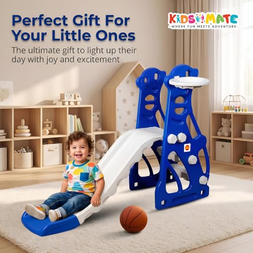 Image of Kidsmate Super Slide for Kids 2-5 Yrs | Indoor & Outdoor Slide with Basketball Ring | Anti-Slip Steps & Safe Rounded Edges | Lightweight & Sturdy | Quick Assembly | Max Load 25kg - Blue & White
