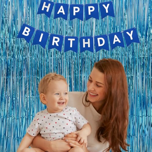 Image of 4 Pack Blue Foil Fringe Curtains, 13.2x6.6ft Ocean Themed Tinsel Streamers Backdrop, Photo Backdrop for Birthday, Baby Shower, Bachelor, Summer Party, Gender Reveal | Blue Streamers Party Decorations