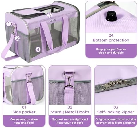 BELLA & PAL Portable Cat/Puppy Carrier Bag, Foldable Pet Travel Carriers with Scratch-Free Mesh, Escape-Proof Zipper, Travel Carrier for Dogs and Cats, with Shoulder Strap, Airline Approved, Purple, M