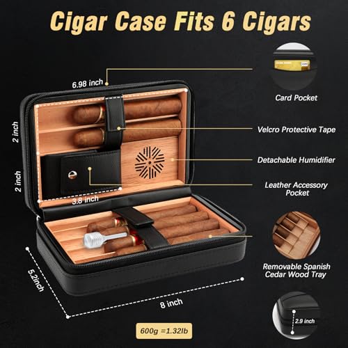 TISFA Cigar Humidor, Leather Cedar Wood Cigar Case with Cigar Lighter, V Cut Cigar Cutter, Cigar Holder 3 in 1, Portable Travel Cigar Humidor Box with Humidifier (Black) - Thumbnail 2