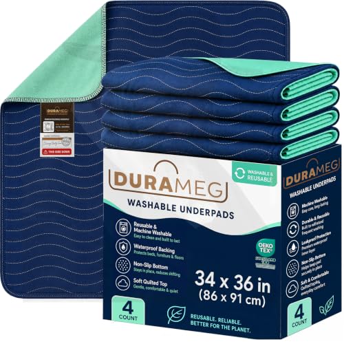 Image of DURAMEG Reusable Underpads 34x36 (4 Pack) Washable Bed Pads for Incontinence Adults, Waterproof Mattress Protector, Puppy Pads Washable, Heavy Absorbent, Leakproof, Non Slip Backing