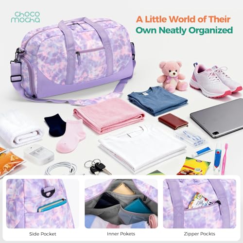 Image of Choco Mocha Kids Duffle Bag, Girls Overnight Travel Bags for Kid with Shoes Compartment, Large Weekender Bag for Sleepover, Tie Dye-Purple, Large, Duffle Only