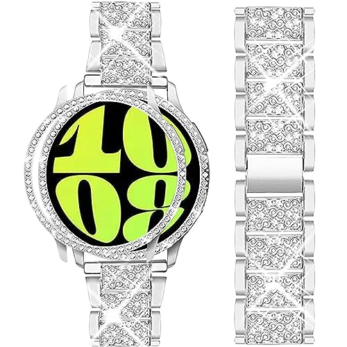 Mosonio Compatible with Samsung Galaxy Watch 6 Band 40mm, 20 mm Black Bling Galaxy Watch Band with 40 mm Cover Case for Women, Jewelry Metal Wristband for Samsung Galaxy Watch 6?Silver,40 mm?