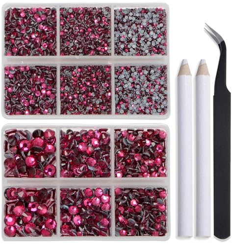 Image of Bymitel Hotfix Crystal Rhinestones Round Gems for Crafts,Mixed 6 Sizes with Wax Pencil Kit, Fuchsia 1.6-6.3mm SS4-SS30 /8000pcs