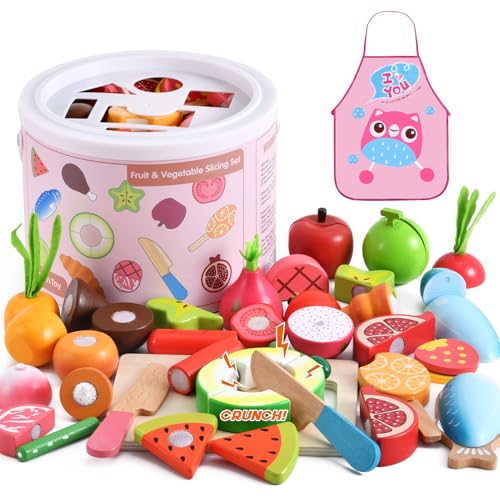 WHOHOLL Wooden Play Food Toys for Kids Kitchen Playset, Play Kitchen Accessories with Apron Pretend Cutting Food Montessori Toys for 3+ Year Old Girls and Boys