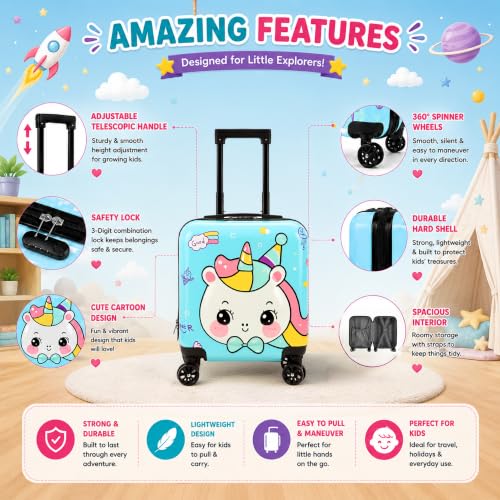 Image of Storite 18 in Unicorn Theme Kids Trolley Bag | Hard-Sided Polycarbonate Travel Suitcase Spinner Cabin Luggage(Blue - 35 x 23 x 38 Cm)