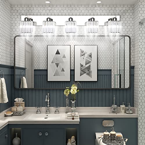 Image of Aipsun Bathroom Light Fixtures Modern Vanity Light for Bathroom Crystal Chrome Vanity Light 5 Light (Exclude Bulb)