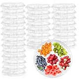 Lawei 30 Pack Plastic Appetizer Tray with Clear Lid, Stackable Round Serving Party Tray, 12 In Banquet Catering Fruit Vegetable Trays, Reusable 6 Divided Food Snack Dip Platter for Outdoor Buffet