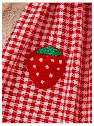 WDIRARA Toddler Girl's Gingham Strawberry Patched Midi Dresses Puff Sleeve Square Neck Belted A Line Dress4