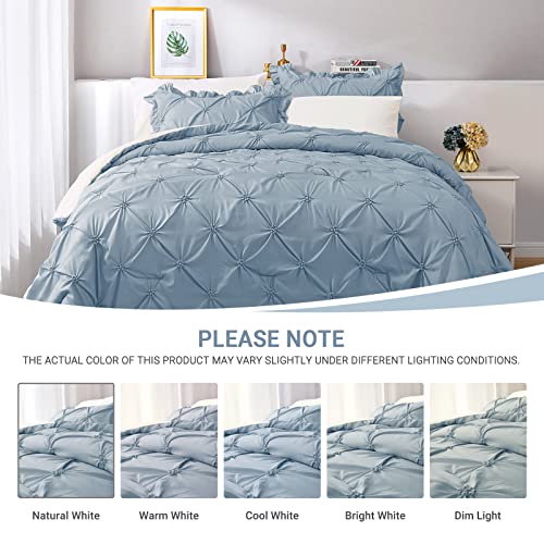 JOLLYVOGUE Light Blue/Ivory Full Size Comforter Sets 7 Pieces, Pintuck Bed in a Bag Comforter Set for Bedroom, Bedding Comforter Sets with Comforter, Sheets,Ruffled Shams & Pillowcases