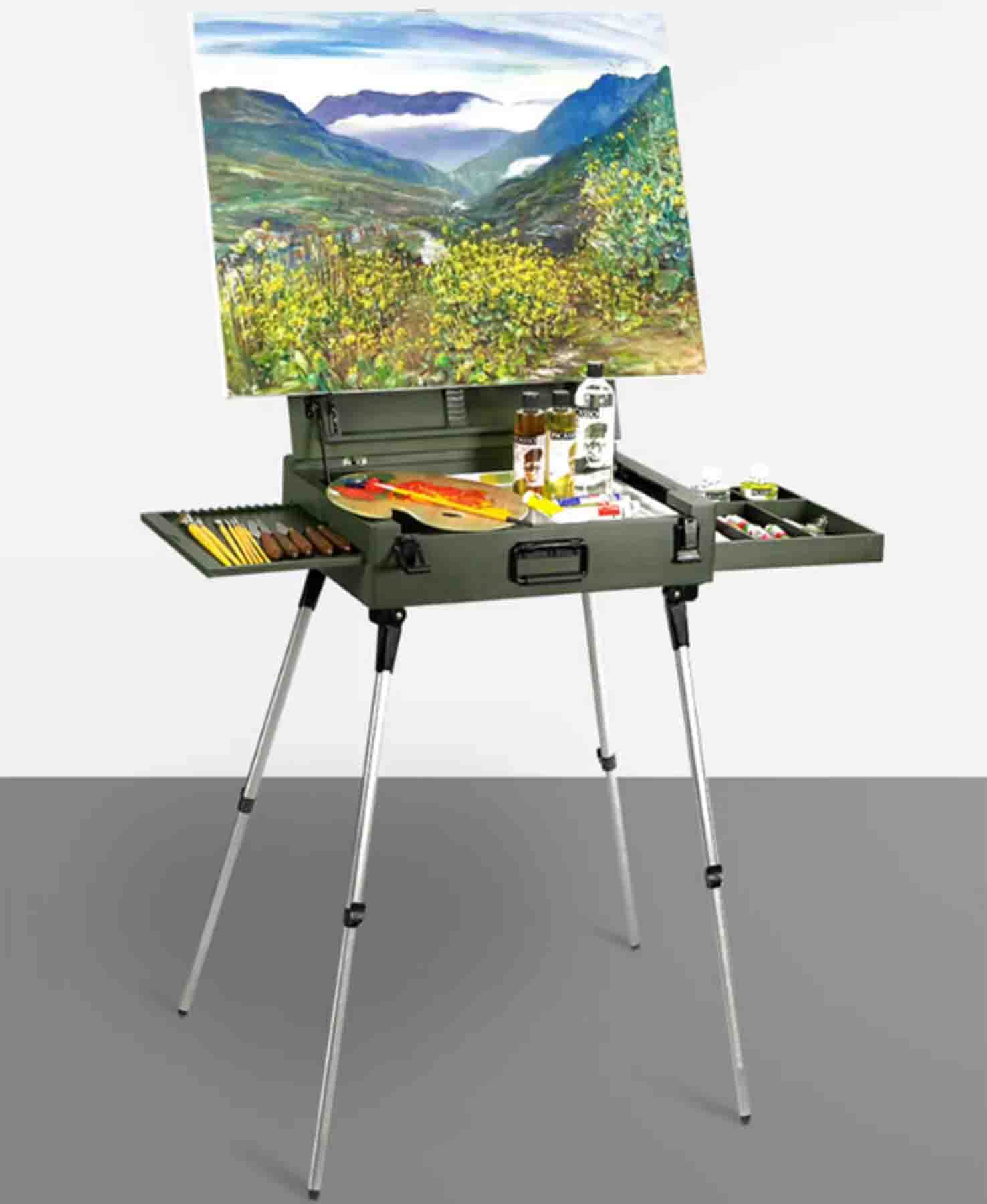 Caja de pintura al óleo para bocetos al aire libre, soporte portátil para pintura al óleo con caja de pintura profesional plegable ajustable de cuatro patas