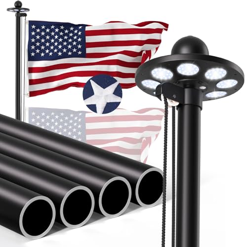 Panopole Heavy Duty Flag Pole Kit with 136 LED Ultra Bright Solar Light 25FT 12 Gauge Thick Flagpole for Outside House in Ground 300D Thickened USA Flag for Outdoor 100 MPH Flagpole Kit Black
