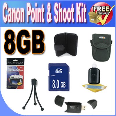 Canon PowerShot Accessory Saver Bundle (8GB SDHC Memory + USB Card Reader + Deluxe Camera Case w/Strap + LCD Screen Protectors + Mini Tripod + Accessory Saver Bundle)