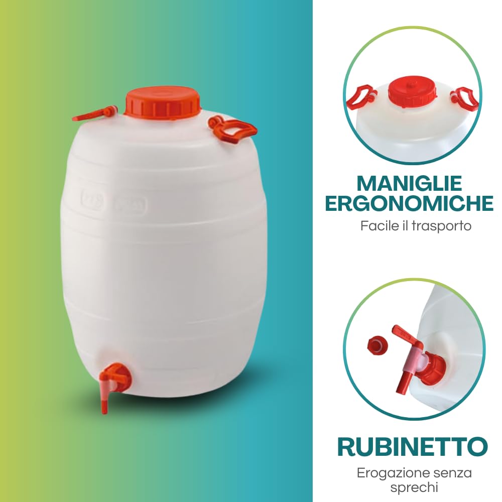 Paluplus Fustino Botticella con Rubinetto, Misura 39x56 cm e Capacità 50 Litri, Contenitore in Plastica con Maniglia in Acciaio per il Trasporto di liquidi -050F2,6