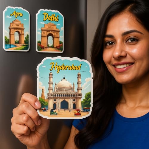 Image of Naxon Hyderabad City Theme Souvenir Wooden Fridge Magnet - 3x3 Inch Stylish Refrigerator Magnet for Kitchen & Home Decor | Travel Souvenir Gift with Charminar Design | Pack of 1