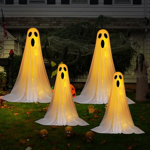 Tujoe 4 Set Halloween Ghost Decorations Indoor Outdoor DIY Large Lighted Cloth Ghosts with String Lights Light up Decoration for Halloween Party Porch Yard 3ft and 5ft(White)