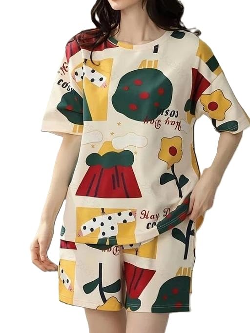 Women Print Oversized Lounge Set Soft Poly Cotton Feel Relaxed T Shirt with Matching Pyjama Night Suit-image-27