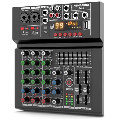 Audio Mixer, Professional DJ Mixer Sound Board 99 DSP Effect, 7-Band EQ, 4 Channel Digital Mixer USB...
