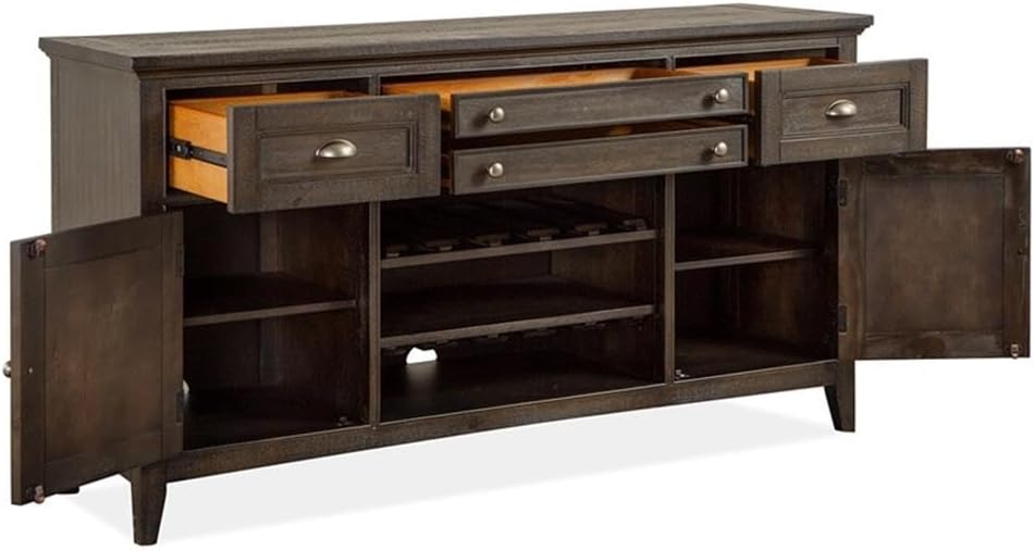 BOWERY HILL Buffet Table, Graphite Finish, Pine Veneer and Hardwood Solids, Felt-Lined Drawers with Silverware Tray, Wine Rack, Adjustable Shelves, Modern Dining Room Storage and Entertaining