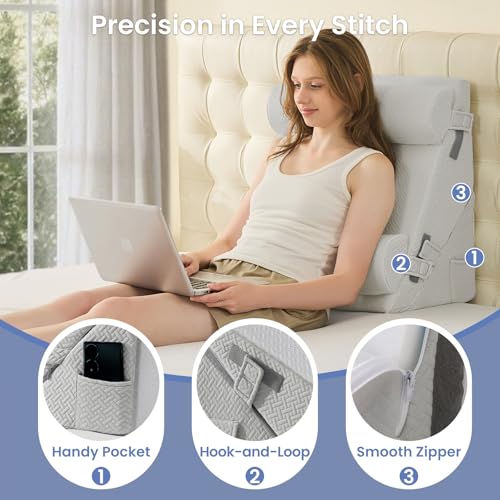 Sasttie Wedge Pillow Set for After Surgery, 4PCS Adjustable Bed Wedge Pillow Headboard with Memory Foam Neck Cushion – for Acid Reflux, Sleeping, Neck & Back Support, Light Grey