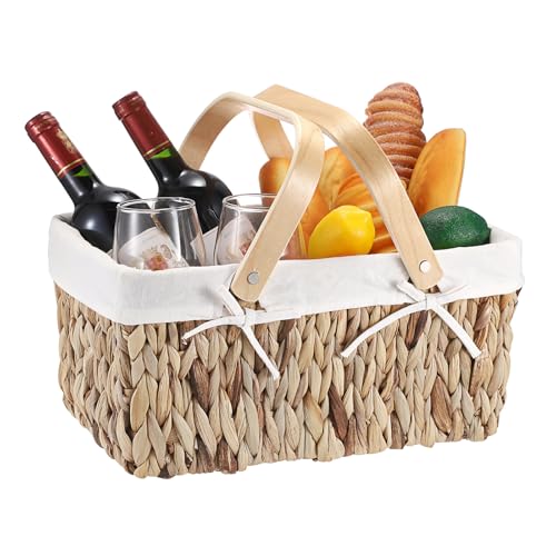 BSTKEY Cesta de almacenamiento de jacinto de agua natural, cesta rectangular tejida a mano, organizador de almacenamiento de juguetes, cesta de embalaje de regalo, cesta de aperitivos con asa y forro