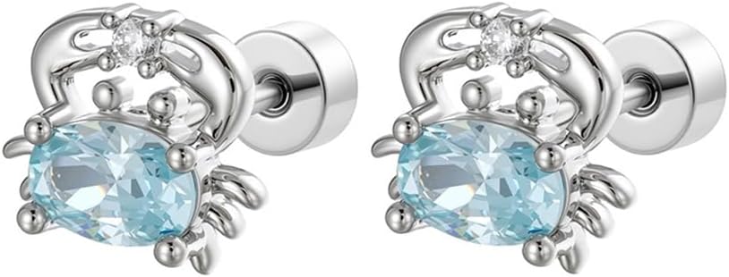 20g Cute Blue CZ Crab Flat Screw Back Small Stud Earrings for Women Titanium Steel Sparkly Crystal Ocean Animals Cartilage Tragus Piercing Little Studs Summer Holiday Jewelry for Daughter Xmas