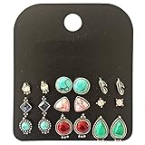 9 Pairs Vintage Triangle/Teardrop/Round Turquoise Stud Earrings Set for Women Silver Plated