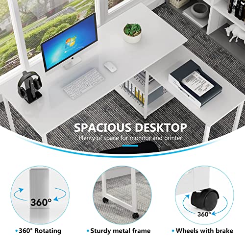 Tribesigns Way To Origin 55 Inch Reversible Office Desk, 360° Rotating L-Shaped Computer Desk With Storage Shelves, Modern Home Office Corner Desk Study Writing Table, High Glossy White #TOP6