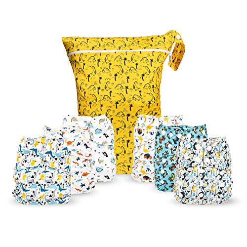 Image of Simple Being Reusable Cloth Diapers, Double Gusset, One Size Adjustable, Washable Soft Absorbent, Waterproof Cover, Eco-Friendly Unisex Baby Girl Boy, six 4-Layers Microfiber Inserts (Dinosaur)