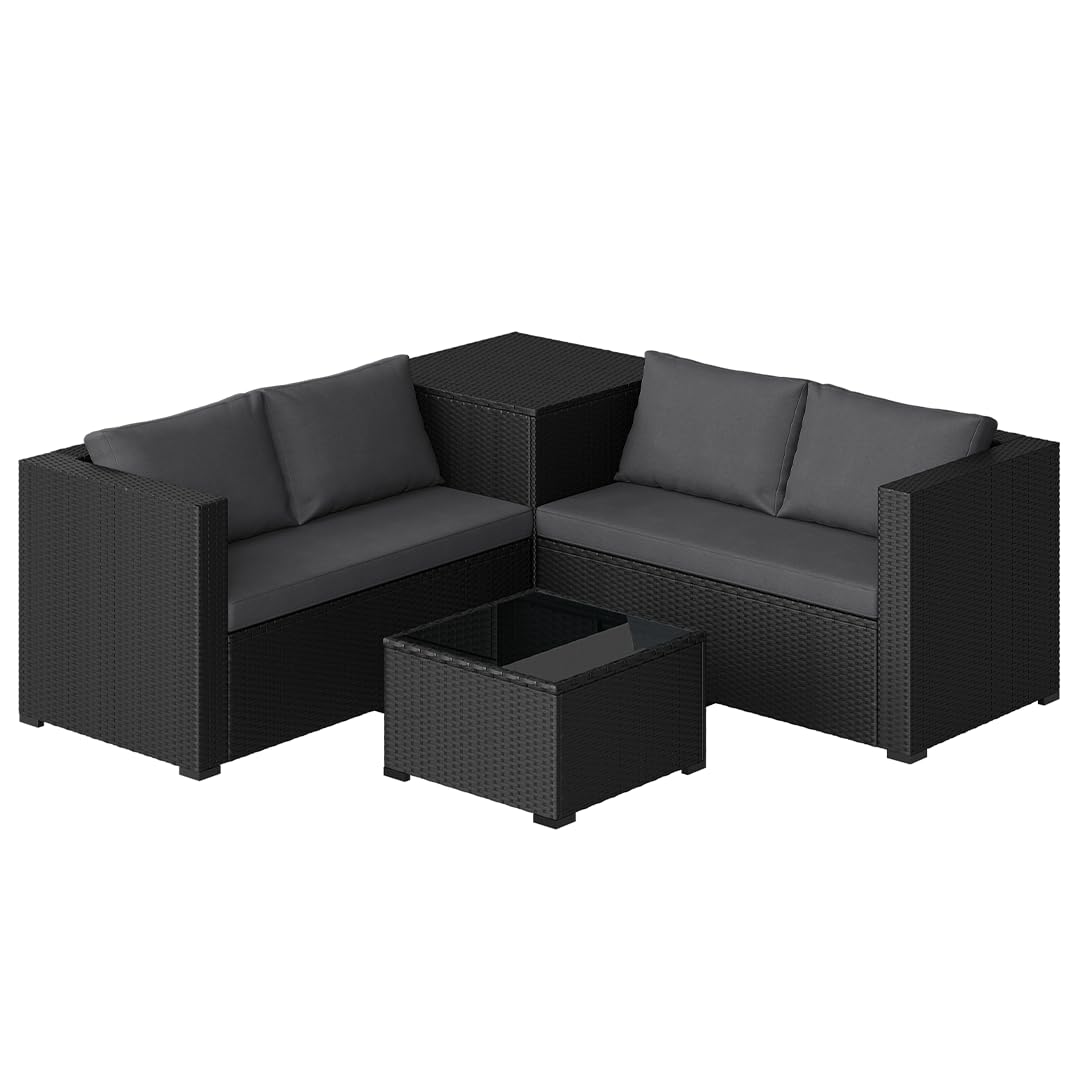 STEELSØN Veloria Rattan Gartenmöbel Set 4-TLG. – Gartenlounge mit Sofas, Tisch & Box – Outdoor Sitzgruppe bis 4 Personen – Sitzgarnitur Garten/Balkon/Terasse schwarz/anthrazit mit Stauraum