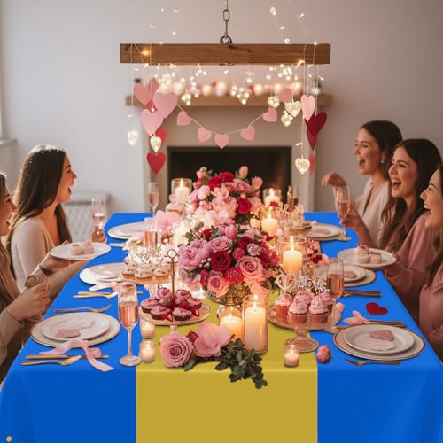 Image of Smiry Plastic Table Cloth Disposable 3 Pack, 54 x 108 Inch Rectangle Waterproof Tablecloth, Printed Gold Table Runner Style for Birthday Weeding, Party Decorations, Leakproof & Sturdy, Blue and Gold