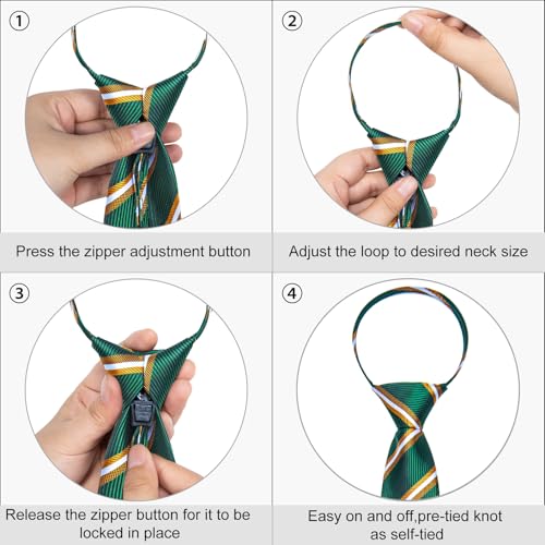Image of DiBanGu Silk Zipper Ties for Men,Paisley Solid Plaid Pre-tied Tie and Pocket Square Cufflinks Set Formal Adjustable Necktie
