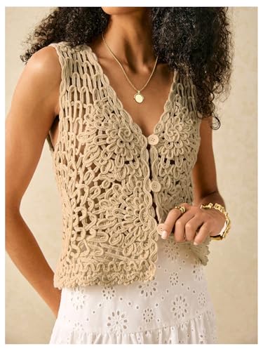 GORGLITTER Women's Crochet Vest Top Boho Hollow Out Button Down V Neck Sleeveless Fall Dressy 2025 Sweater Tank3