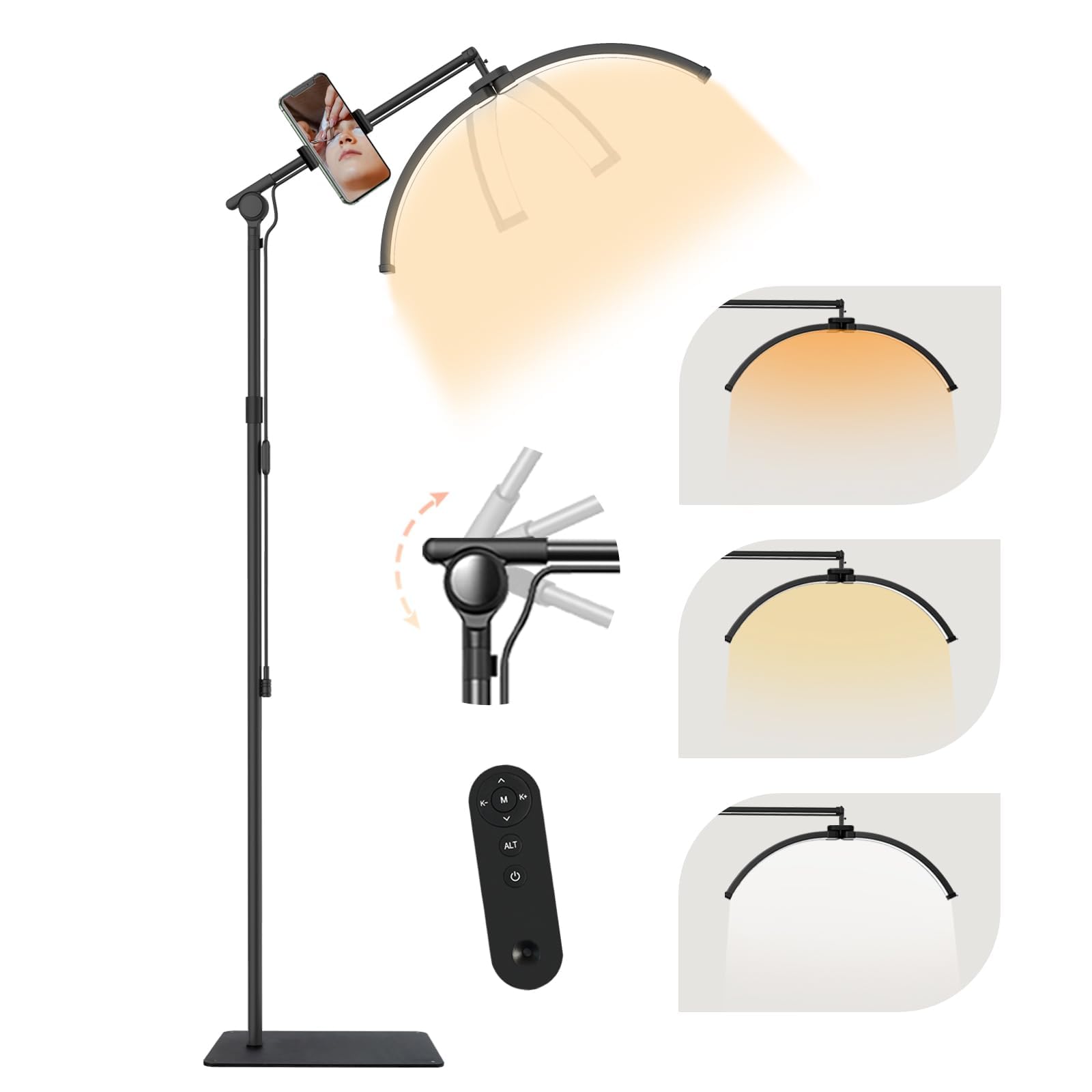 Tnvxvkgrw Light/Black 28" Half Moon Floor Lamp For Eyelash Extensions, Dimmable Led Lash With Phone Holder, Foldable Standing Beauty Lamp For Tattoo Nails Skincare,
