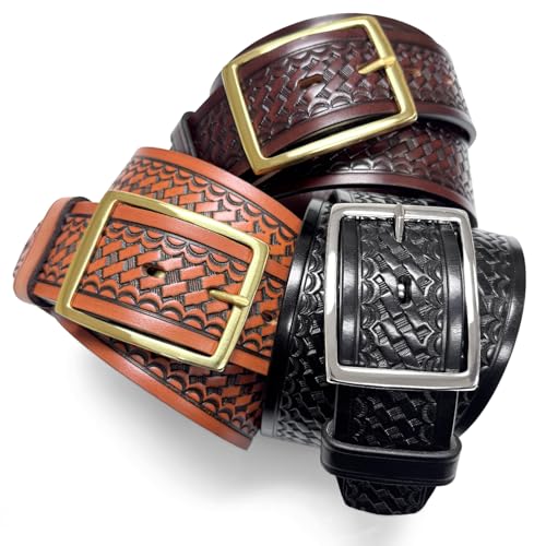Image of Basketweave Work Uniform Genuine Leather Belt 1.75 inch for Men-Black, Brown, or Tan