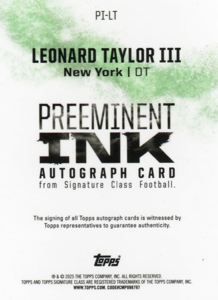 Leonard Taylor III Rookie Card Autographed Preeminent Ink Auto Collectible Football Card - 2025 Signature Ink Football Card #PI-LT (Jets)
