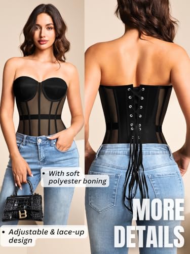 Kaei&Shi Sheer Mesh Overbust Corset,Sexy Strapless Lace Up Satin Bra Corsets Top For Women Shapewear3