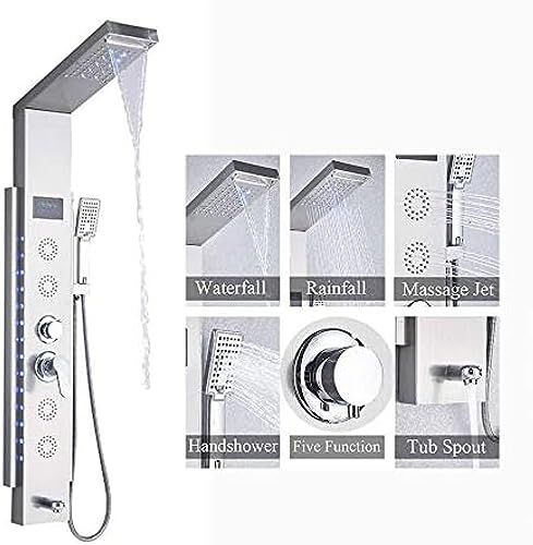 Panel de ducha led columna torre acero inoxidable con grifo, cascada, masaje, pantalla de temperatura, cabezal lluvia y ducha de mano miniatura 7