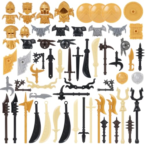 MOOXI 64Pcs Medieval Knight Weapon Package Accessories Set. Includes Armor. Helmet. Shield. Amulet. Suitable for Mini Figures. (Medieval Weapons)
