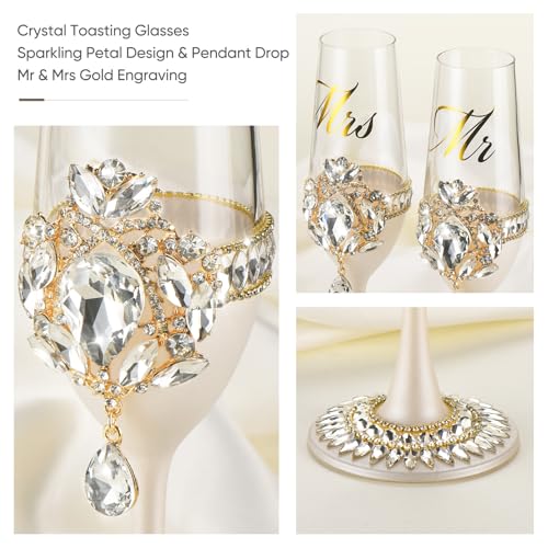 Wedding Cake Cutting Set with Crystal Champagne Flutes, Gold - Image 3