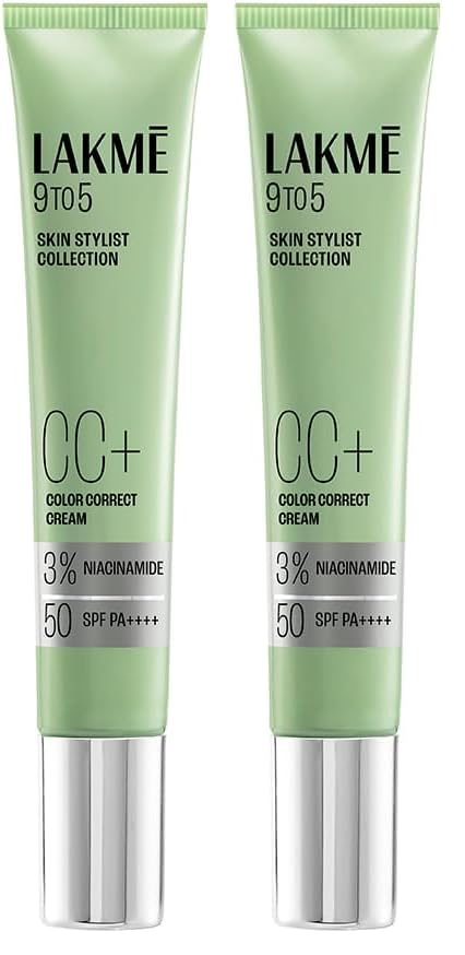 Image of LAKME 9to5 CC+ Matcha Green Cream, 18 g, for Naturally Radiant Skin, with 3% Niacinamide & Antioxidants, SPF 50 PA+++, Smooth Breathable Finish, for Women (Pack of 2)