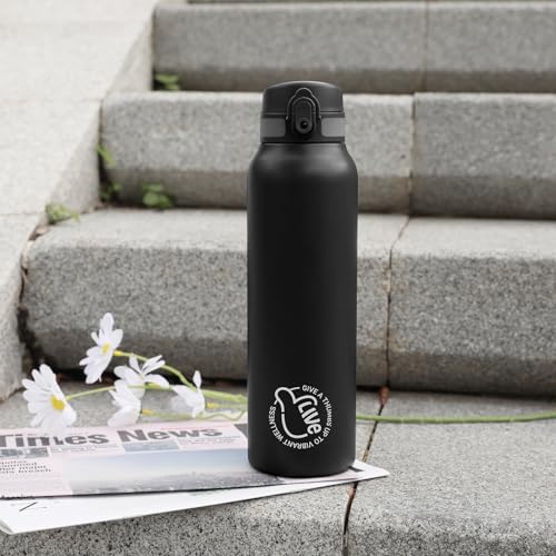 UZSPACE Edelstahl Trinkflasche 1l (970ml), Isolierte Thermosflasche mit 1-Klick-Öffnung, 100% Auslaufsicher, Sport Wasserflasche für Wandern Sport Fitness Gym Outdoor, Schwarz