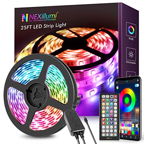 NEXillumi 25ft LED Strip Lights, APP Control Music Sync Color Changing LED Light Strip, SMD 5050 RGB LED Tape Lights with IR Remote (APP+Remote+Mic+3-Button Switch).