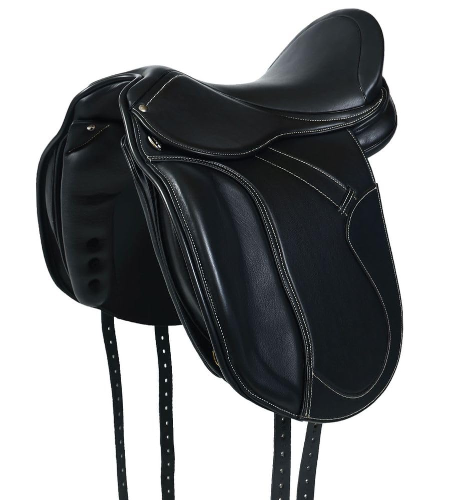 A&M Reitsport Dressur Sattel 1146 aus Leder, wechselbares Kopfeisen, Polyflex Baum, Schwarz, Größe:17.5 Zoll