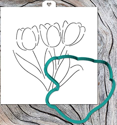 Cookie Cutter with Stencil set FLOWERS TULIPS, Cookie Cutter with Stencil For Cookie Decorating Birthday Wedding Cookies Fondant Decorations Pattern size is:4.33" x 4.53"