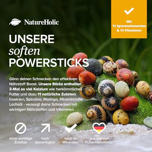 NatureHolic Snailfeed Sticks - Schneckenfutter fürs Aquarium - extra viel Calcium - mit Moringa & Spirulina - Futter für Schnecken - Made in Germany