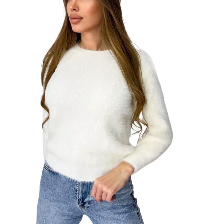 Pullover Sweaters for Women Furry Top Cream Loose Cozy Chunky Knit Sweaters for Women Y2k Long Sleeve Fluffy