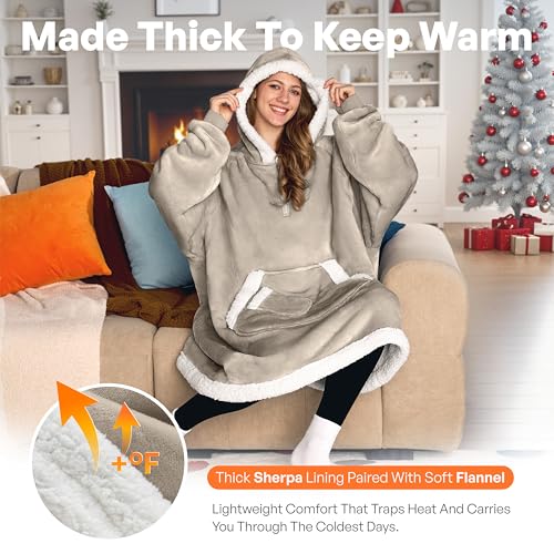 Image of Giggling Getup Wearable Blanket Hoodie for Women Men Gifts for Women Mom Wife Sherpa Fleece Hooded Blanket Sweatshirt Warm Cozy Sherpa Wearable Throw with Pocket & Sleeves for Adult Standard Latte